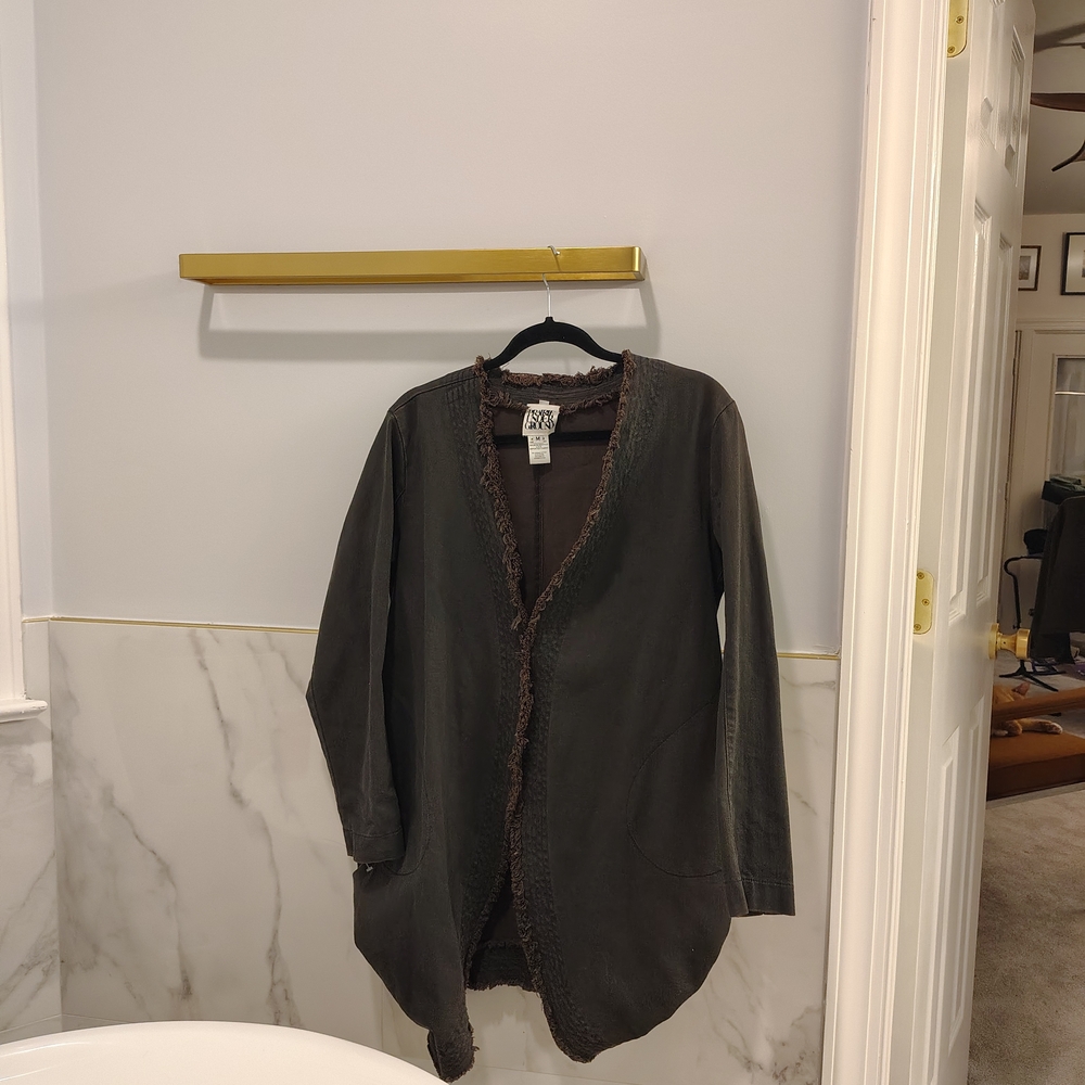 Prairie Underground dark Denim Distressed Trim Long Open Jacket - Picture 3 of 15